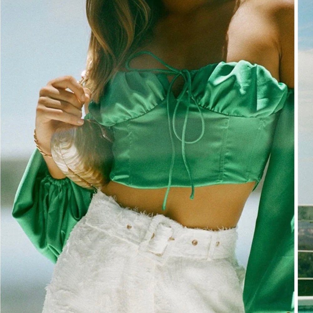 Green Satin Off-Shoulder Top